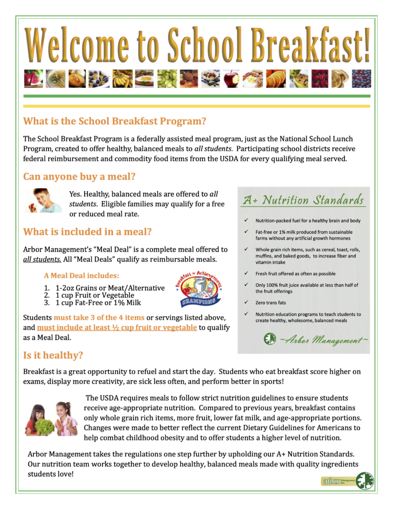Welcome to School Breakfast flyer from Arbor Management