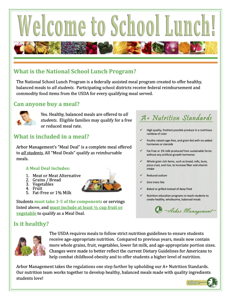 Welcome to School Lunch flyer from Arbor Management