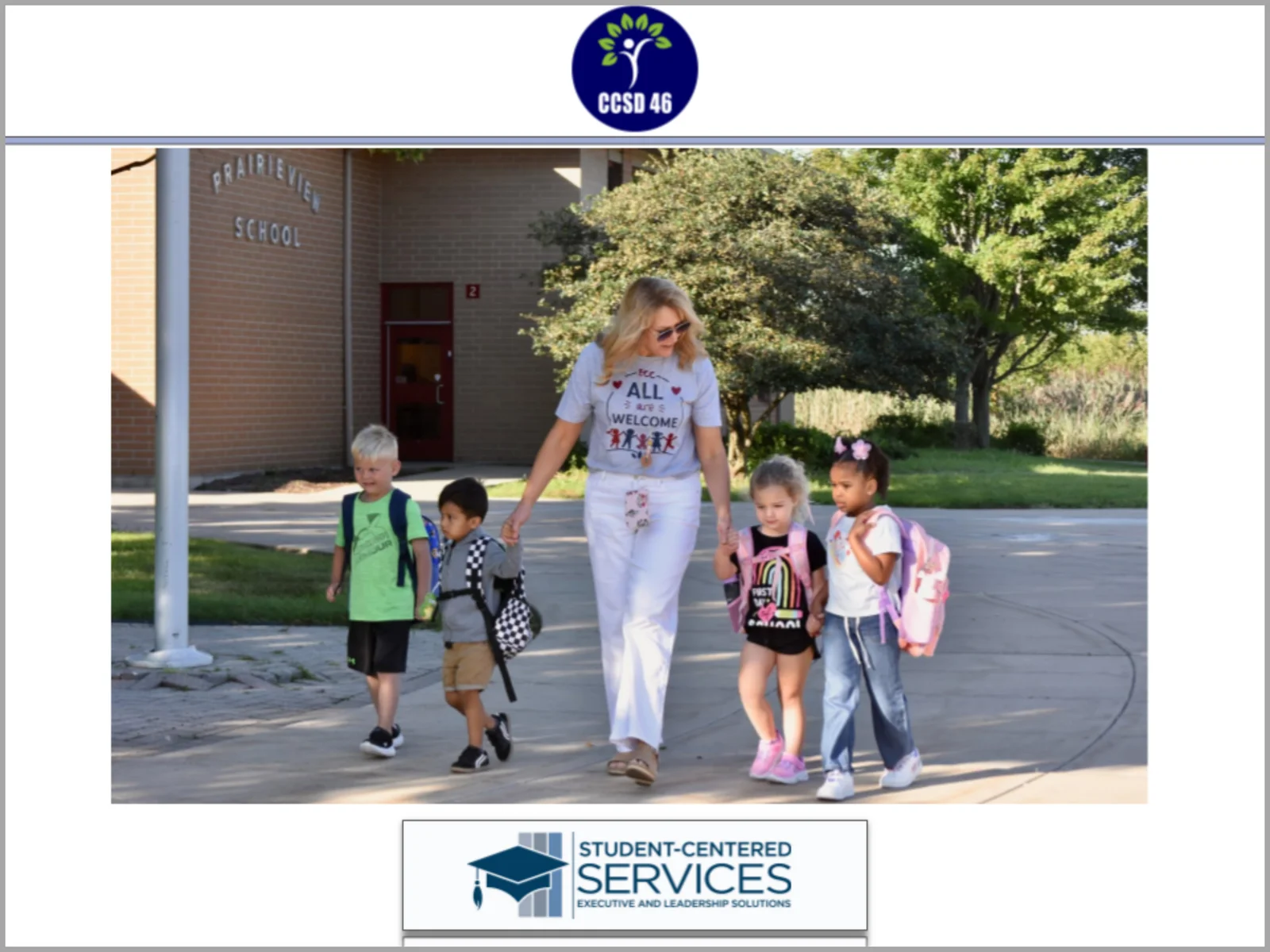 First slide of Strategic Planning presentation from September 17, 2026. Image of Early Childhood staff member walking with pre-kindergarten students on the first day of school, along with CCSD 46 logo, and Student Centered Services logo.