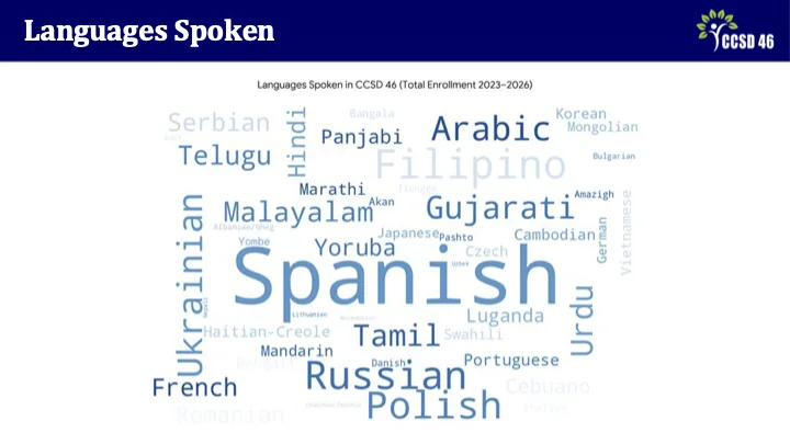 Strategic Planning Meetings 2 - Multilingual Presentation Slide 3 - a diagram showing the languages spoken in D46 - spanish being the most, with Ukrainian, Russian, and Polish also a large amount
