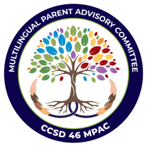 Logo graphic featuring a tree with multicolored leaves and joined hands at the bottom. Dark blue circle around the tree reads "Multicultural Parent Advisory Committee" CCSD 46 MPAC