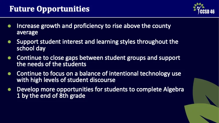 Strategic Planning Meeting 2 - Teaching and Learning Presentation - Slide 14 - Future Opportunities: increase growth and proficiency to raise above county averages, support student interest and learning styles, continue to close gaps between student groups and support student needs, continue to focus on intentional technology use, develop more opportunities for advanced math courses by the end of 8th grade