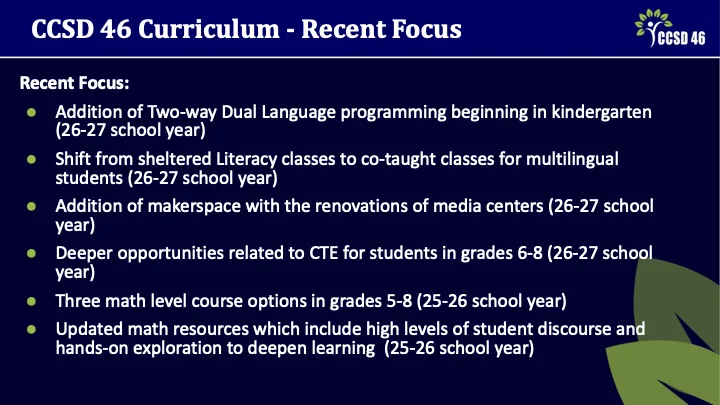 Strategic Planning Meeting 2 - Teaching and Learning Presentation - Slide 5 - Curriculum Recent Focus: Added 2-way, two-teacher dual language program at 2 schools, shifted from sheltered literacy to co-taught instruction for ML students, opened makerspace at 4 schools and expanded STEAM opportunities